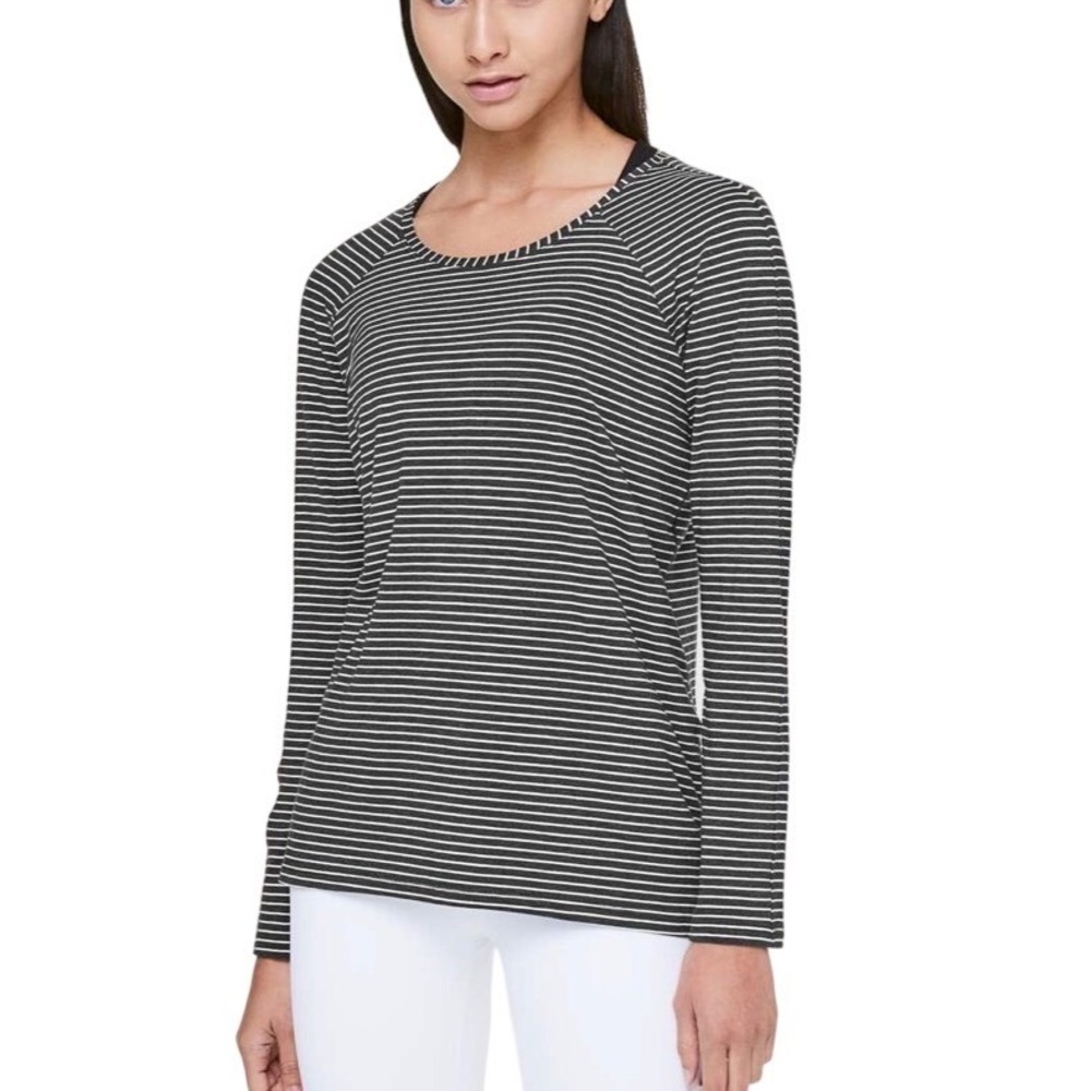 Lululemon Emerald Long Sleeve Stripe Heathered Black White Top Size 6 Cotton
